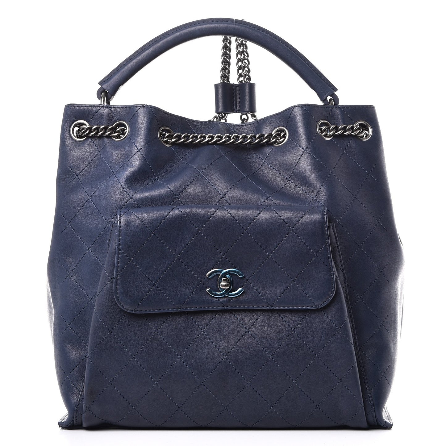Calfskin Stitched Large Urban Luxury Drawstring Backpack Navy Blue