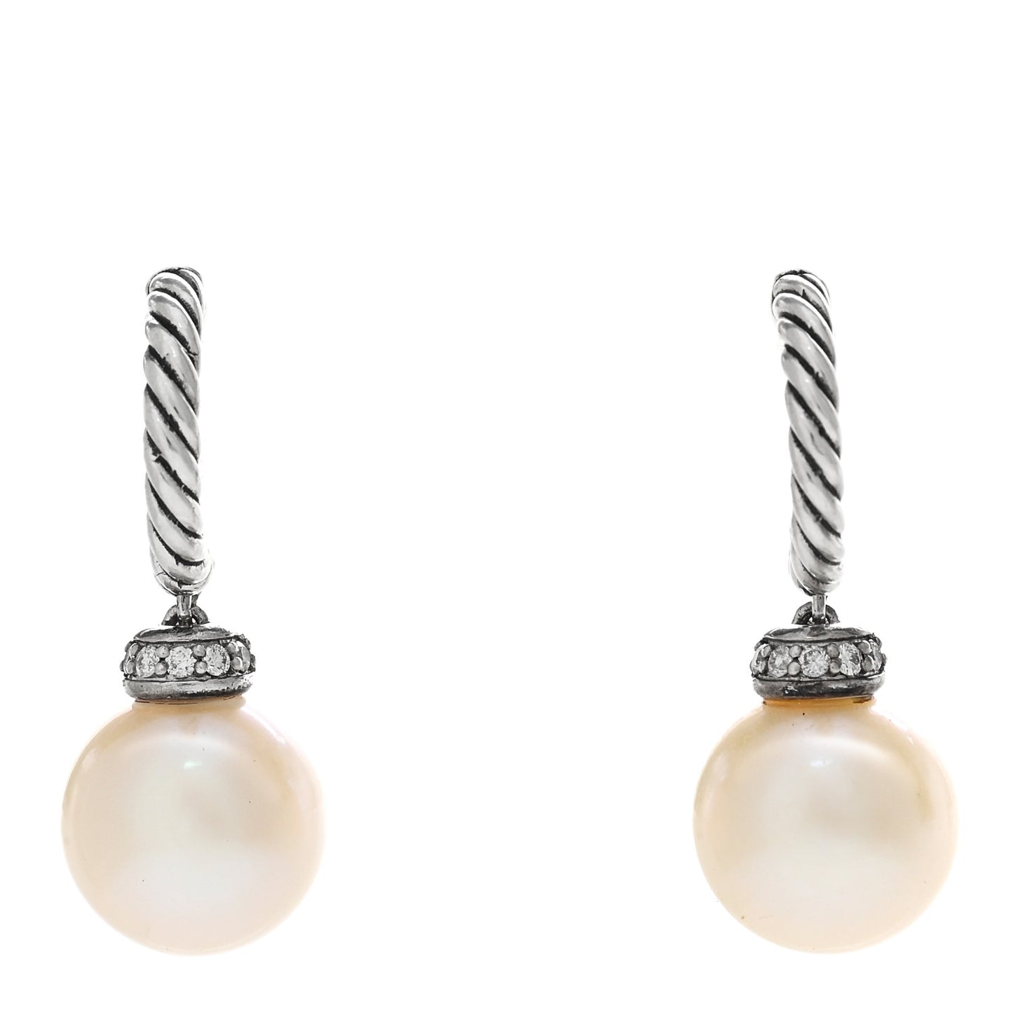 Sterling Silver Diamond Pearl 9mm Solari Drop Earrings