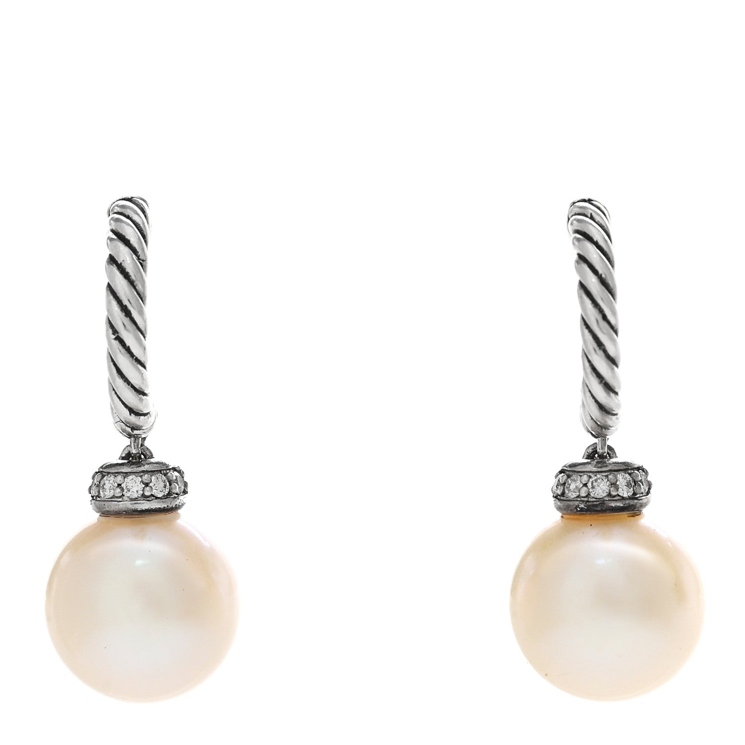 David Yurman Sterling Silver Diamond Pearl 9mm Solari Drop Earrings 1 of 6