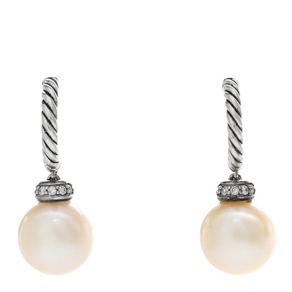 David Yurman Sterling Silver Diamond Pearl 9mm Solari Drop Earrings 1 of 6