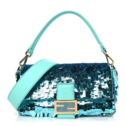Fendi Sequin Paillettes Vitello Grace Sex and the City Baguette Spring Turquoise 1 of 9
