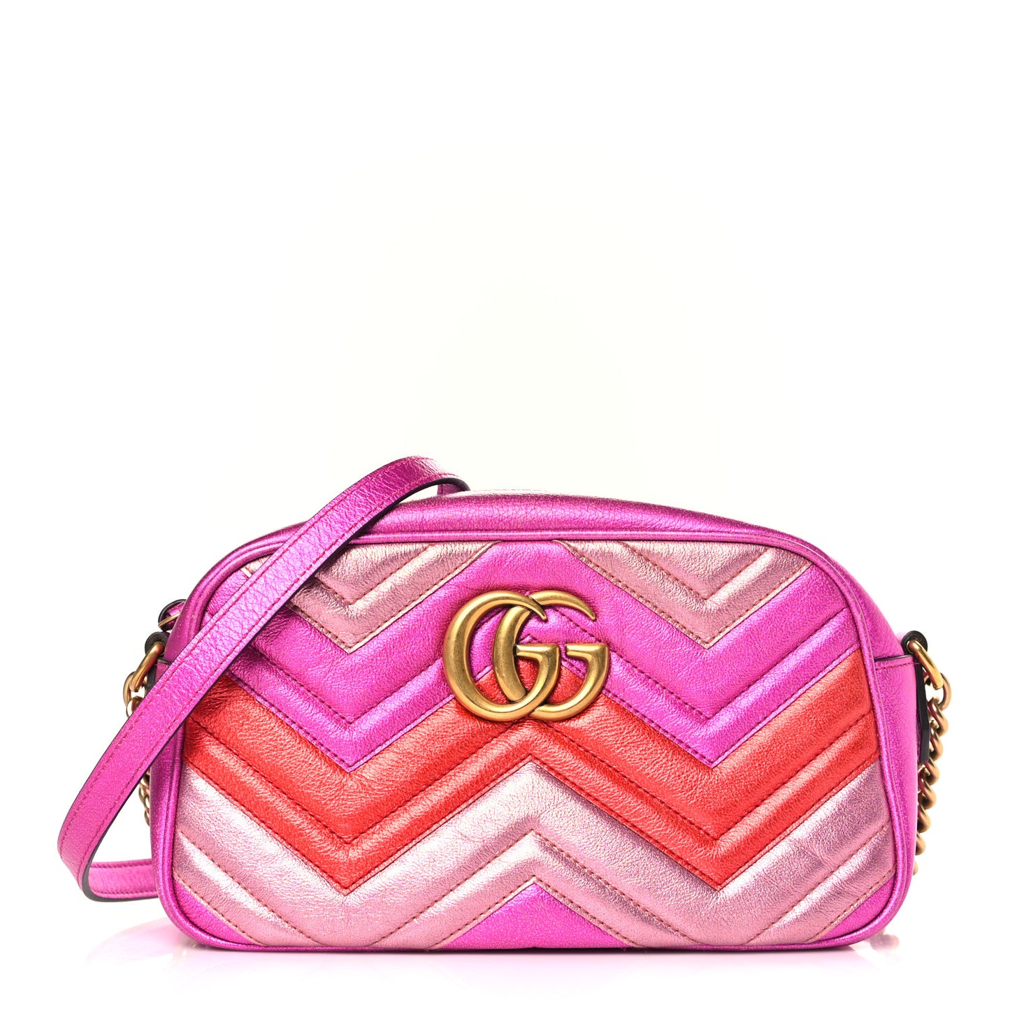 Laminated Nappa Matelasse Small GG Marmont Chain Shoulder Bag Fuxia Rosso Rosa