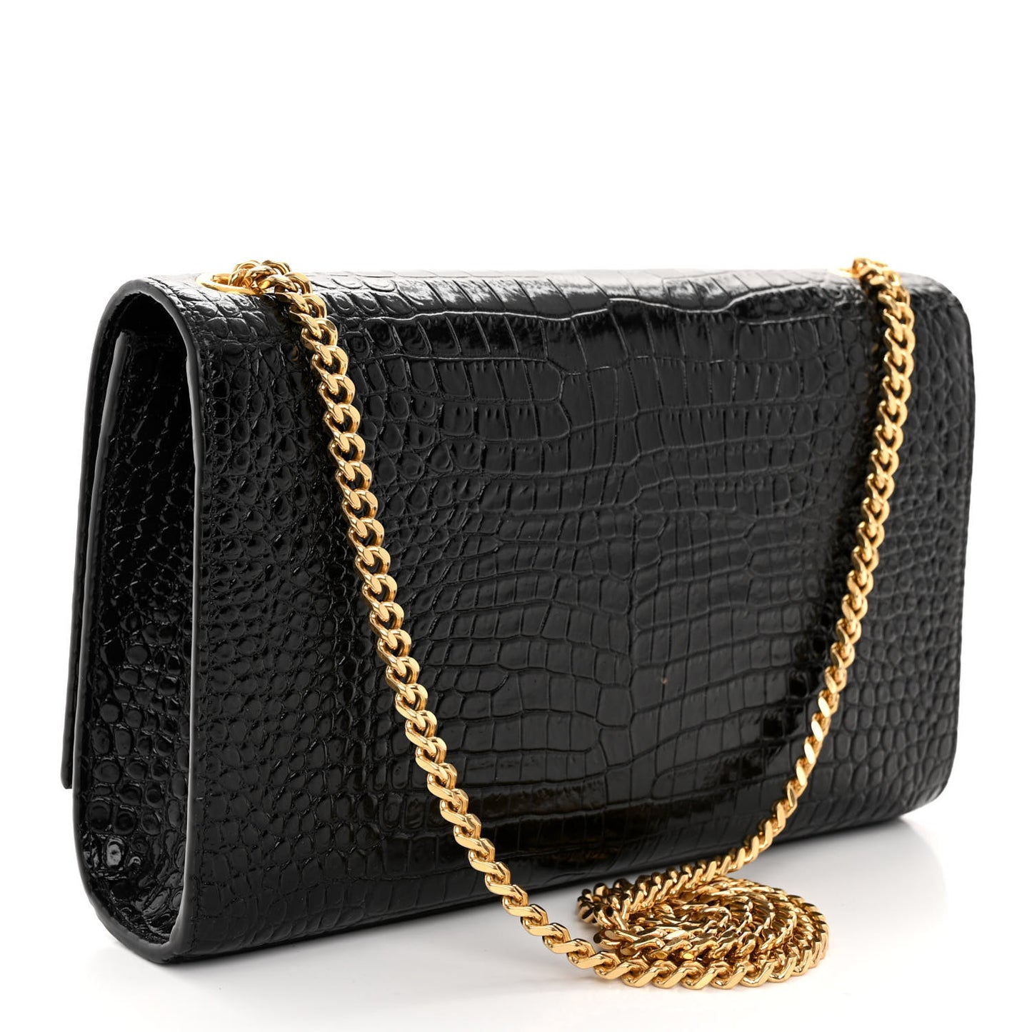 Calfskin Crocodile Embossed Medium Classic Monogram Kate Tassel Satchel Black