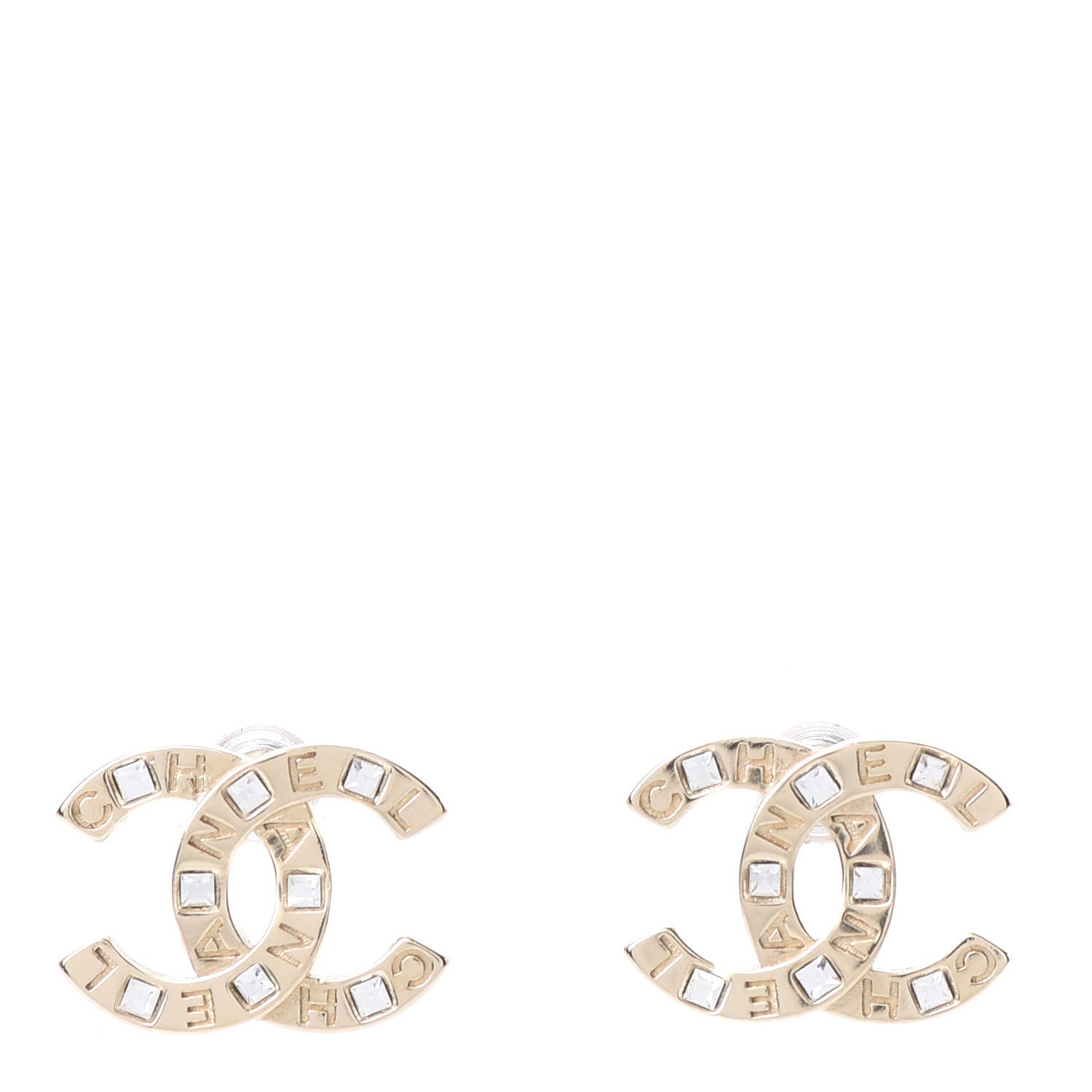 Chanel Crystal Metal CC Paris Button Stud Earrings Gold 1 of 5