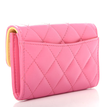 Chanel Lambskin Quilted Flap Card Holder Wallet Pink Yellow 3 of 9