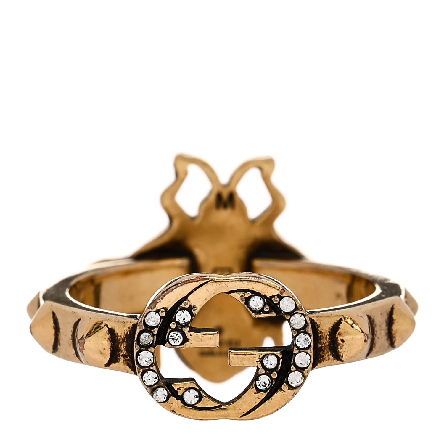 Gucci Metal Crystal Pearl Bee Ring M 56 7.5 Aged Gold 3 of 4