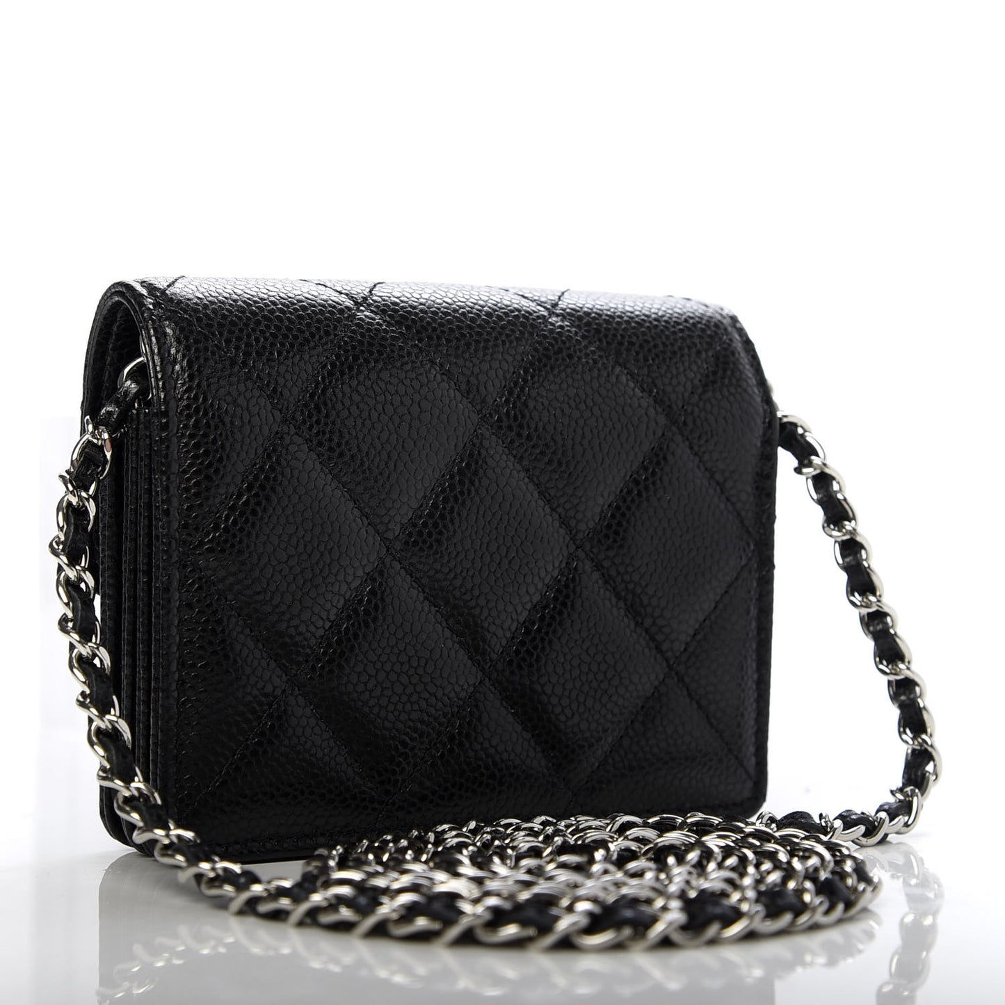 Caviar Quilted Flap Card Holder On Chain Black