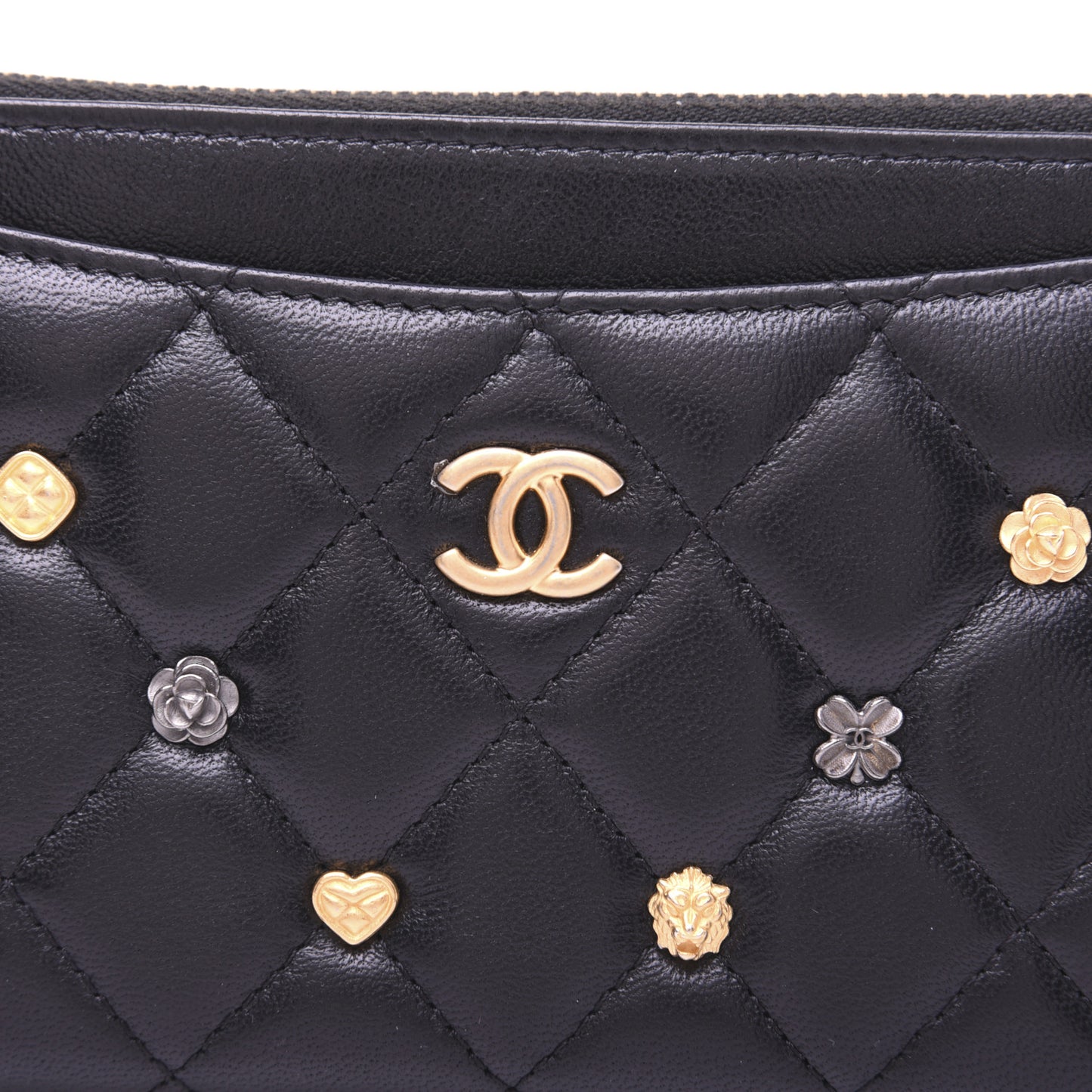 Lambskin Quilted Lucky Charms Classic Zip Pouch Black