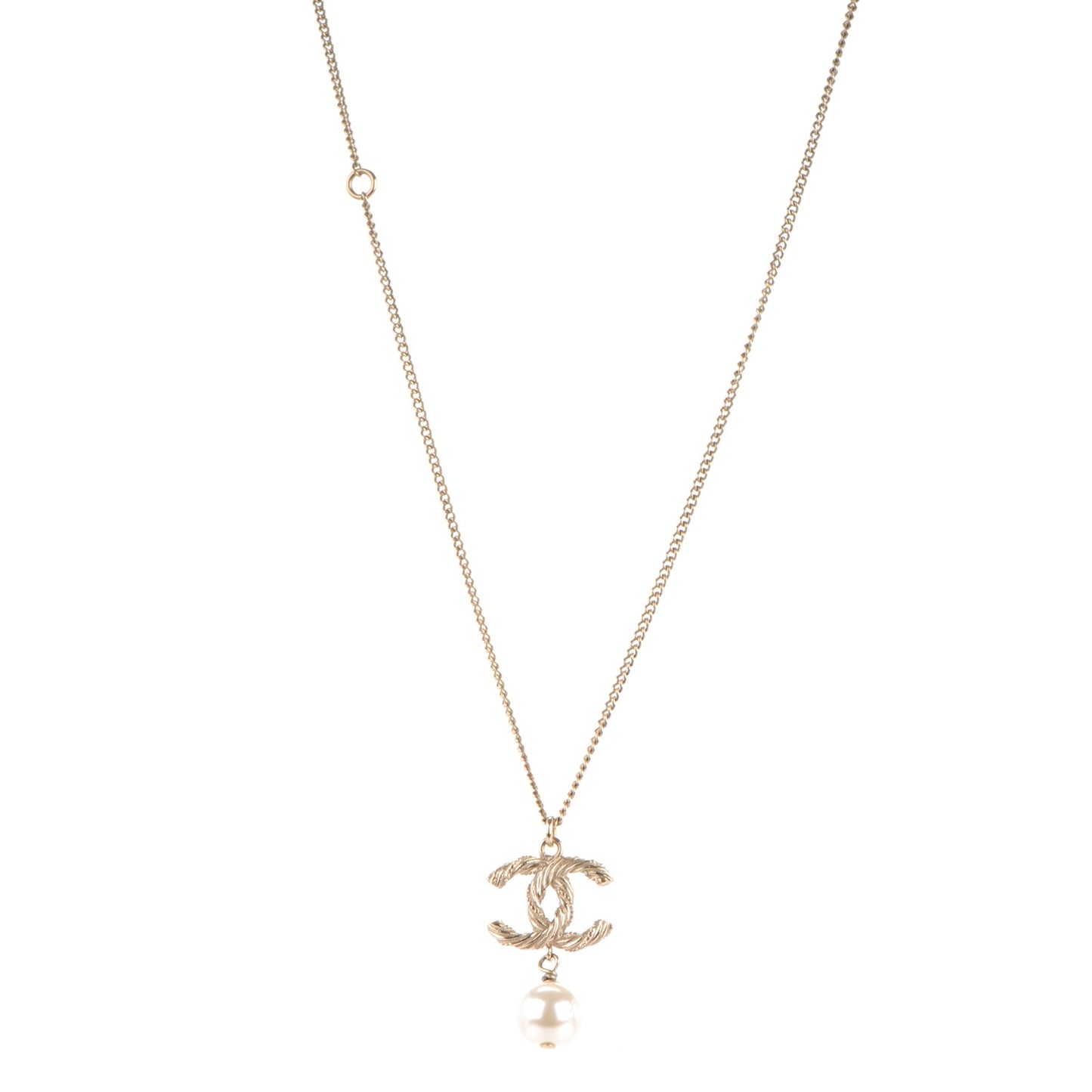 Pearl Crystal Twisted CC Drop Necklace Gold