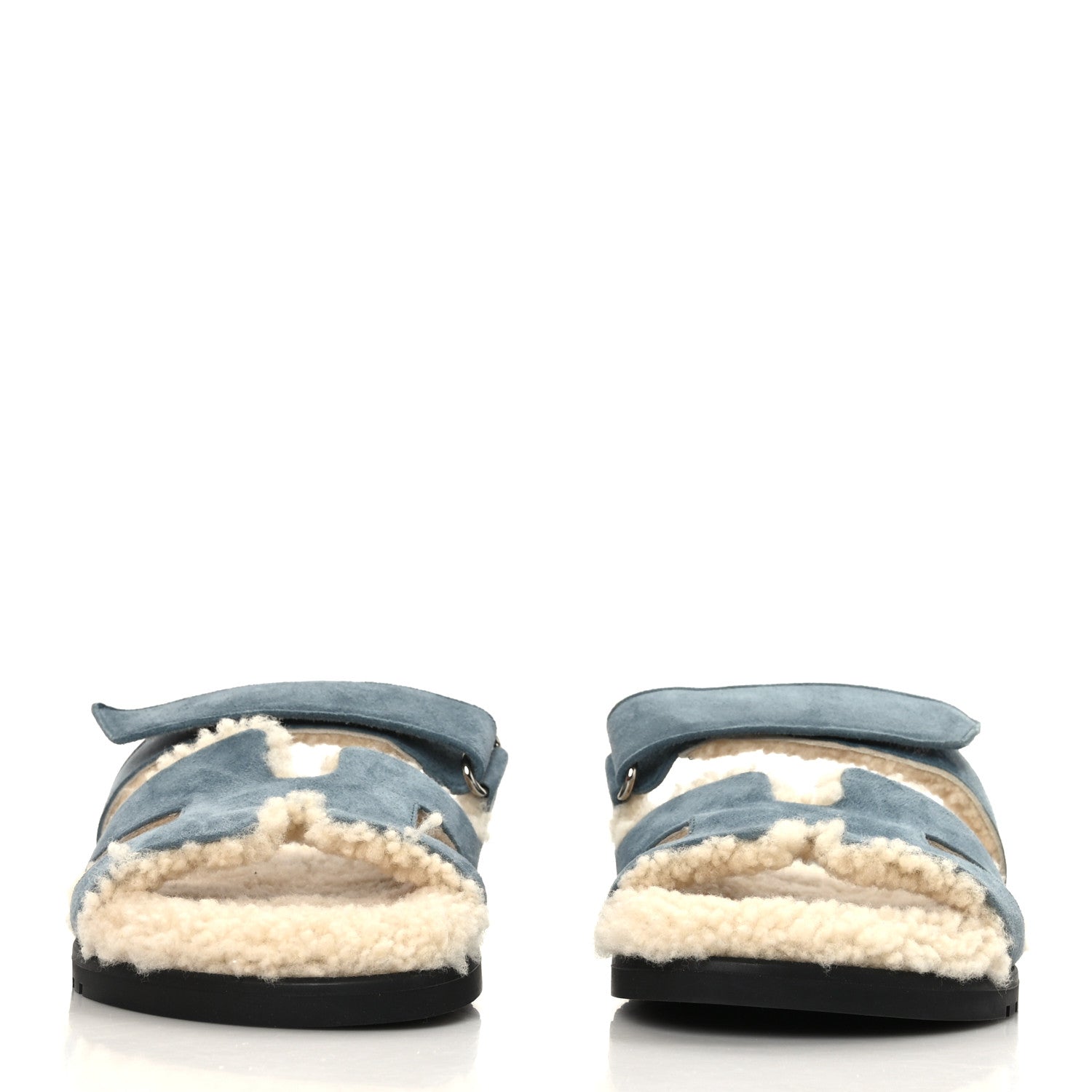 Hermes Suede Goatskin Woolskin Womens Chypre Sandals 38 Bleu Pinede Ecru 3 of 16