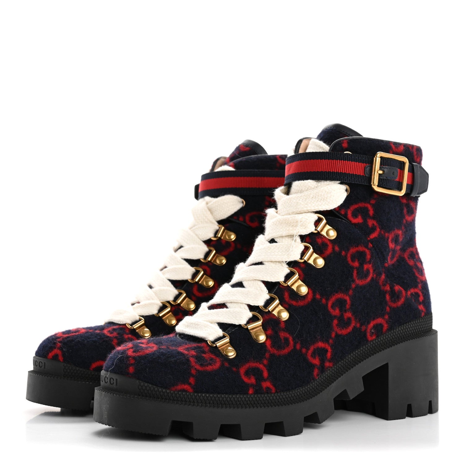 Gucci Covered Wool Big GG Monogram Womens Lace Up Combat Ankle Boots 37 Blue Red 4 of 9