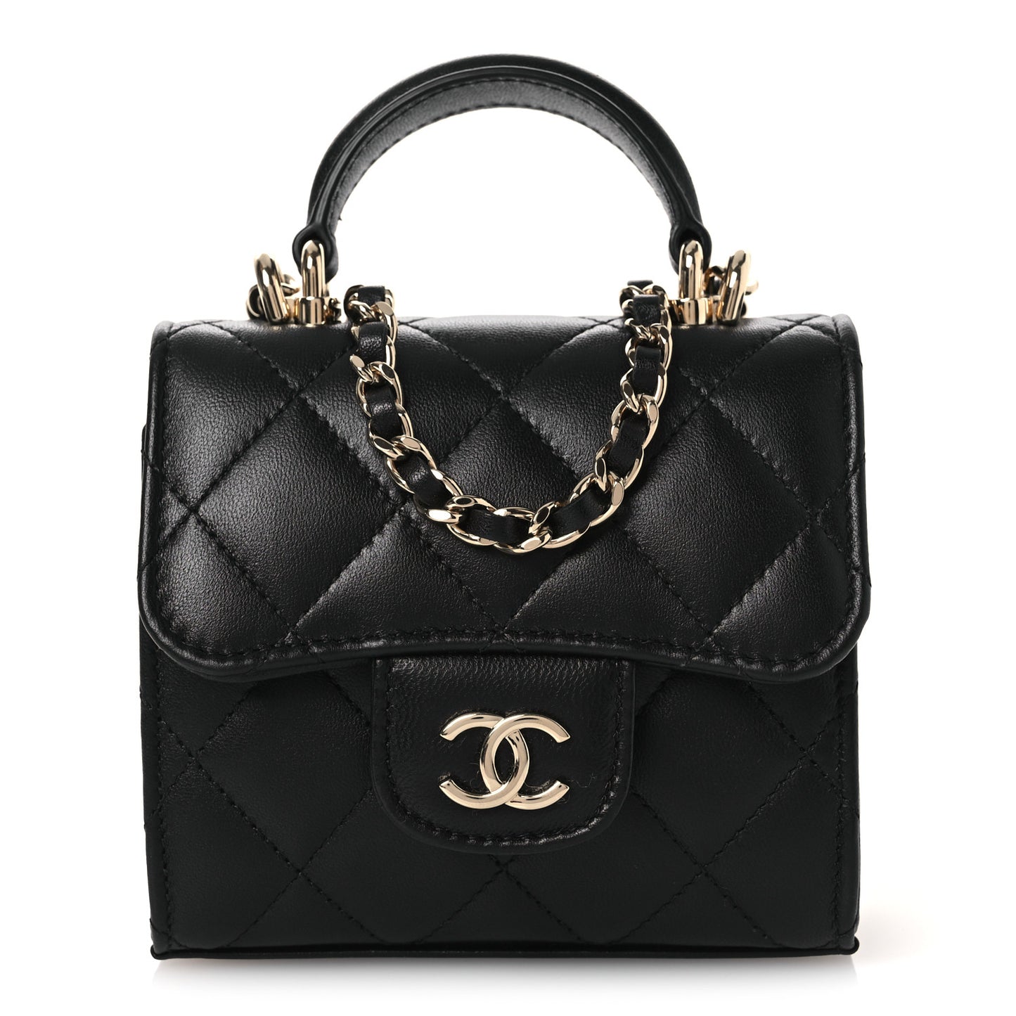 Lambskin Quilted Top Handle Flap Clutch With Chain Black