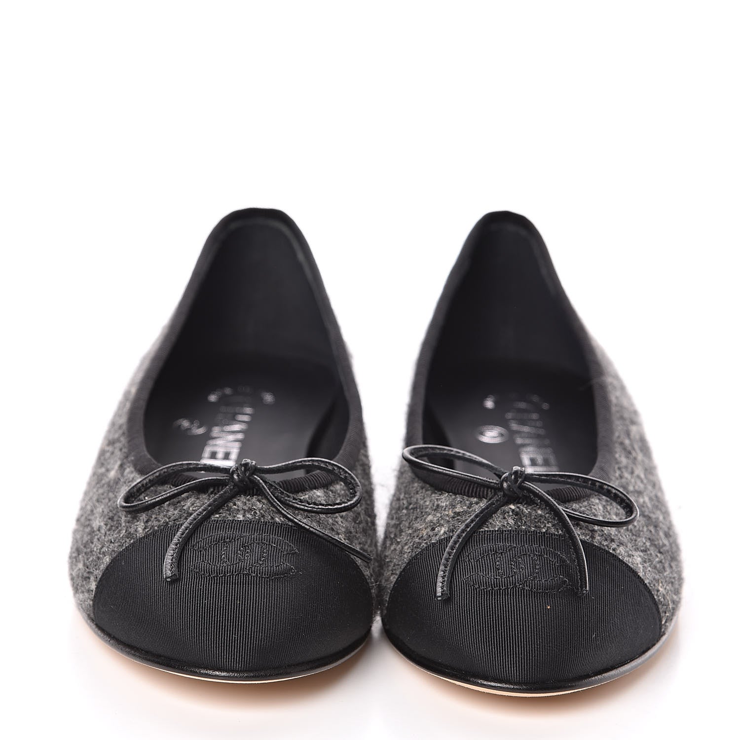 Chanel Tweed Grosgrain Cap Toe Ballerina Flats 37.5 Dark Grey Black 2 of 9
