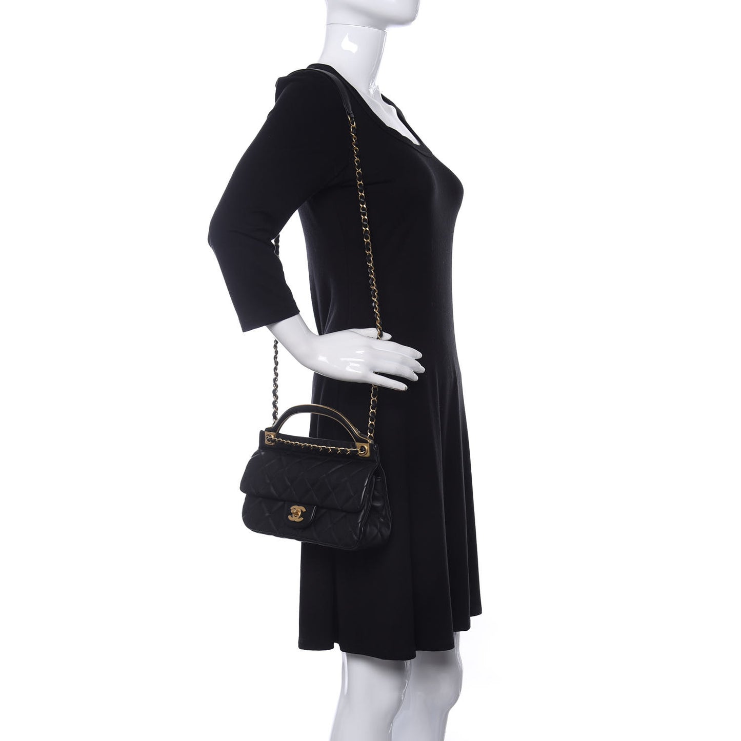 Calfskin Quilted Small Lady Handle Clutch With Chain Black