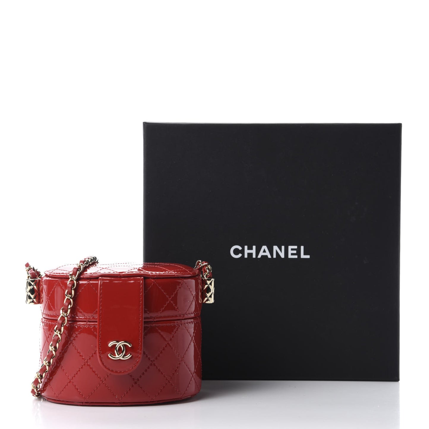 Patent Quilted Small Round Vanity With Chain Red