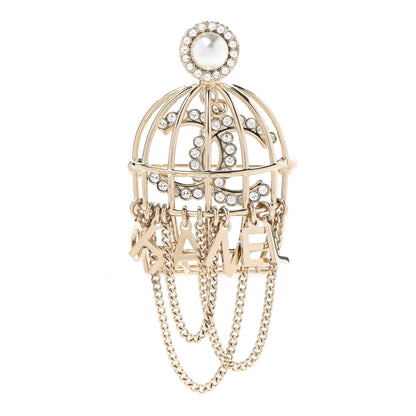 Chanel Pearl Crystal Birdcage Pin Brooch Light Gold 1 of 5