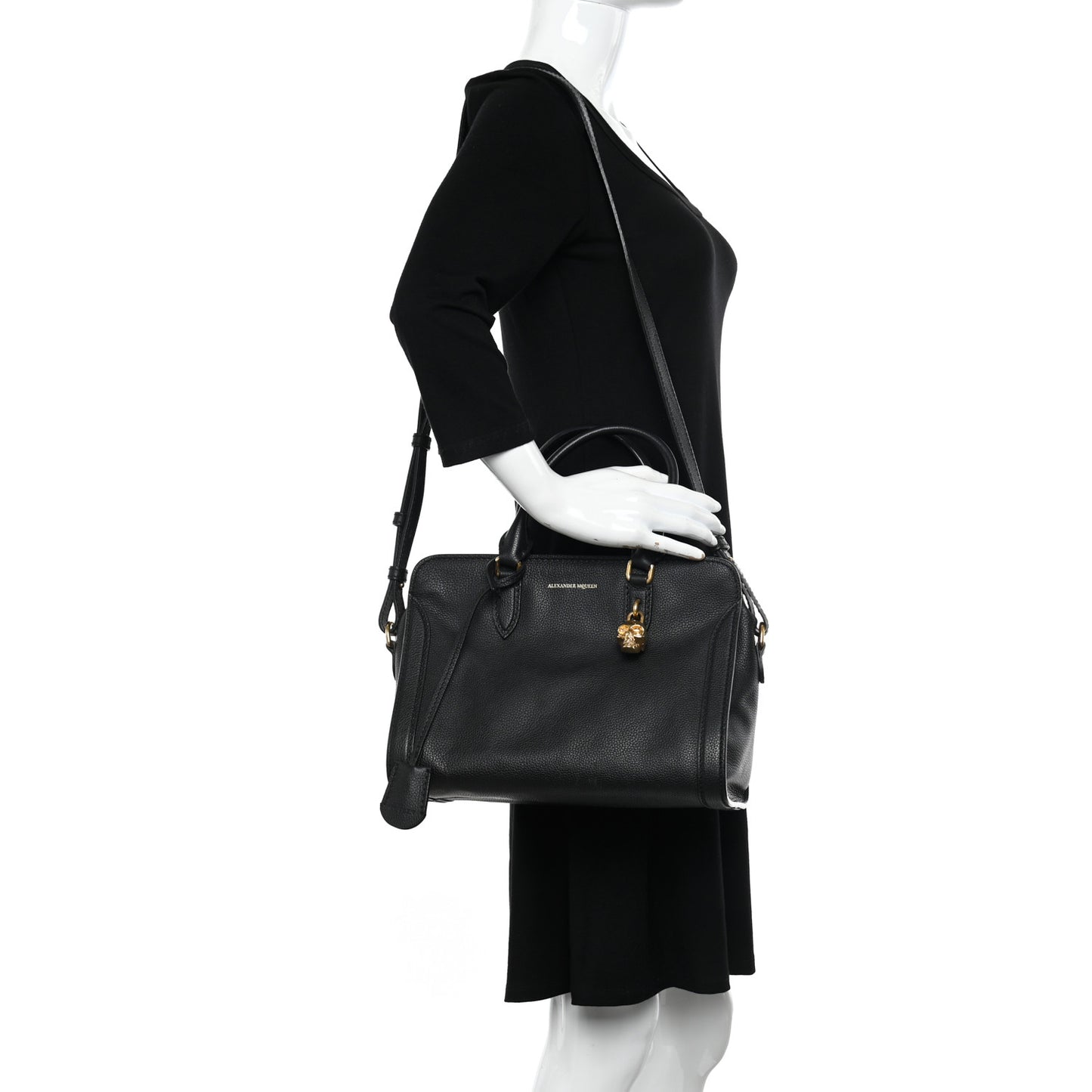 Pebbled Calfskin Small Skull Padlock Zip Around Tote Black