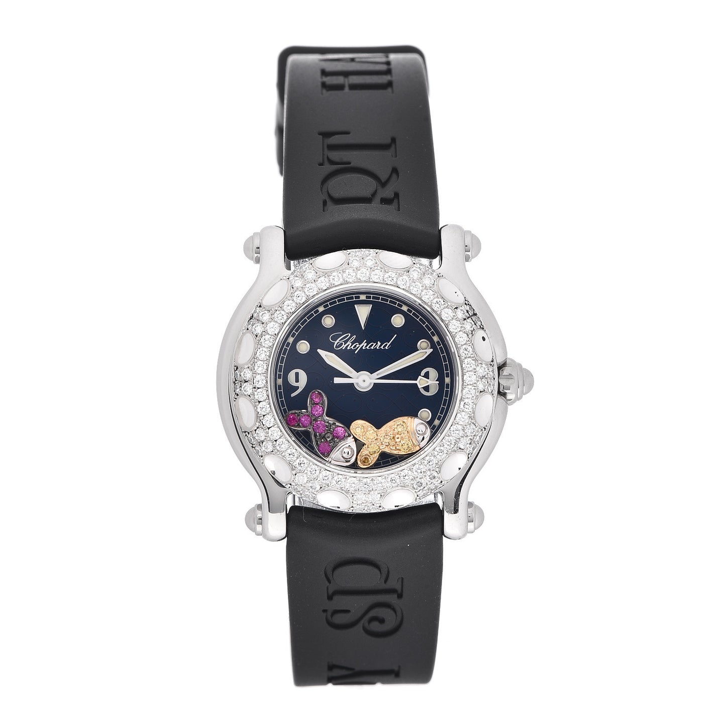 Stainless Steel Rubber Diamond Bezel Ruby Yellow Sapphire 26mm Happy Sport Fish Quartz Watch Blue