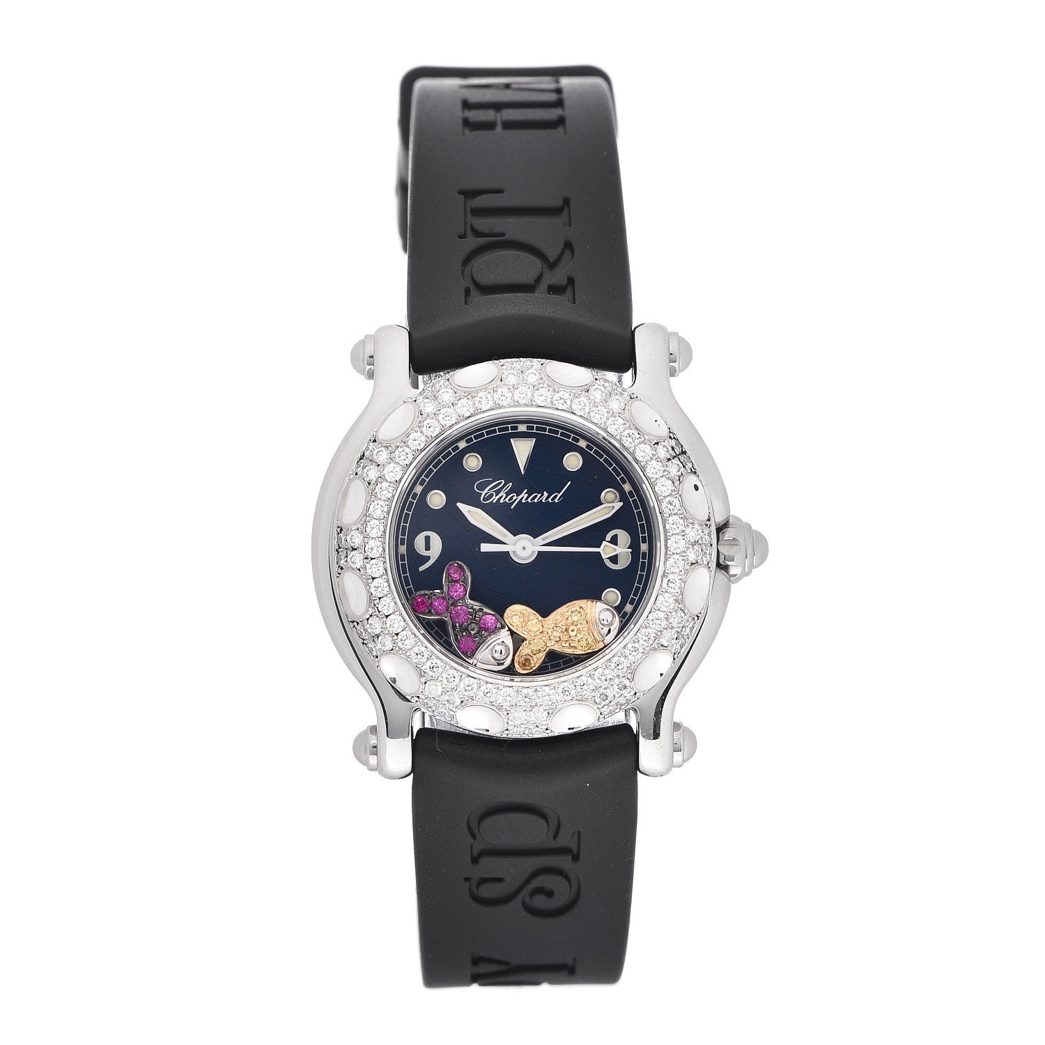 Chopard Stainless Steel Rubber Diamond Bezel Ruby Yellow Sapphire 26mm Happy Sport Fish Quartz Watch Blue 1 of 5