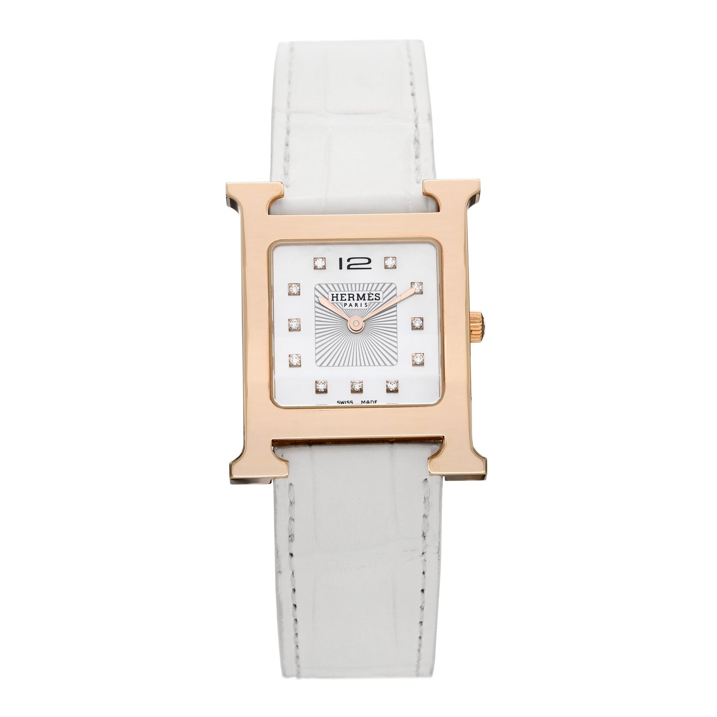 Stainless Steel Alligator Diamond Mother of Pearl 26mm Heure H Hour Quartz Watch Blanc