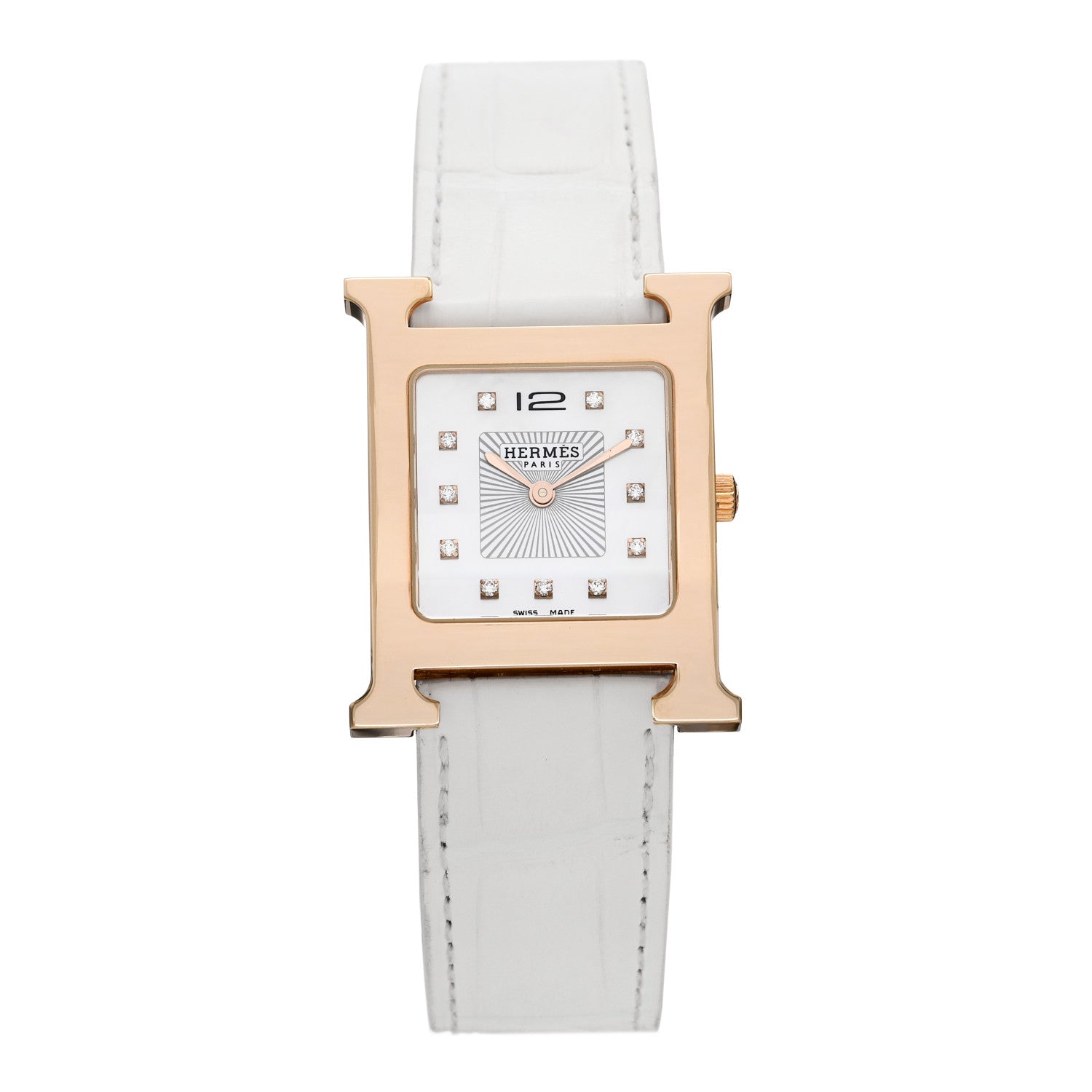 Hermes Stainless Steel Alligator Diamond Mother of Pearl 26mm Heure H Hour Quartz Watch Blanc 1 of 5