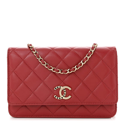 Chanel Lambskin Quilted Crystal Pearl CC Wallet On Chain WOC Burgundy 1 of 11