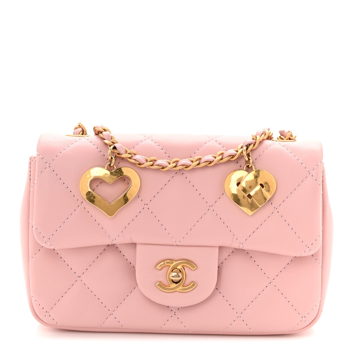 Lambskin Quilted Mini Heart Charms Flap Light Pink