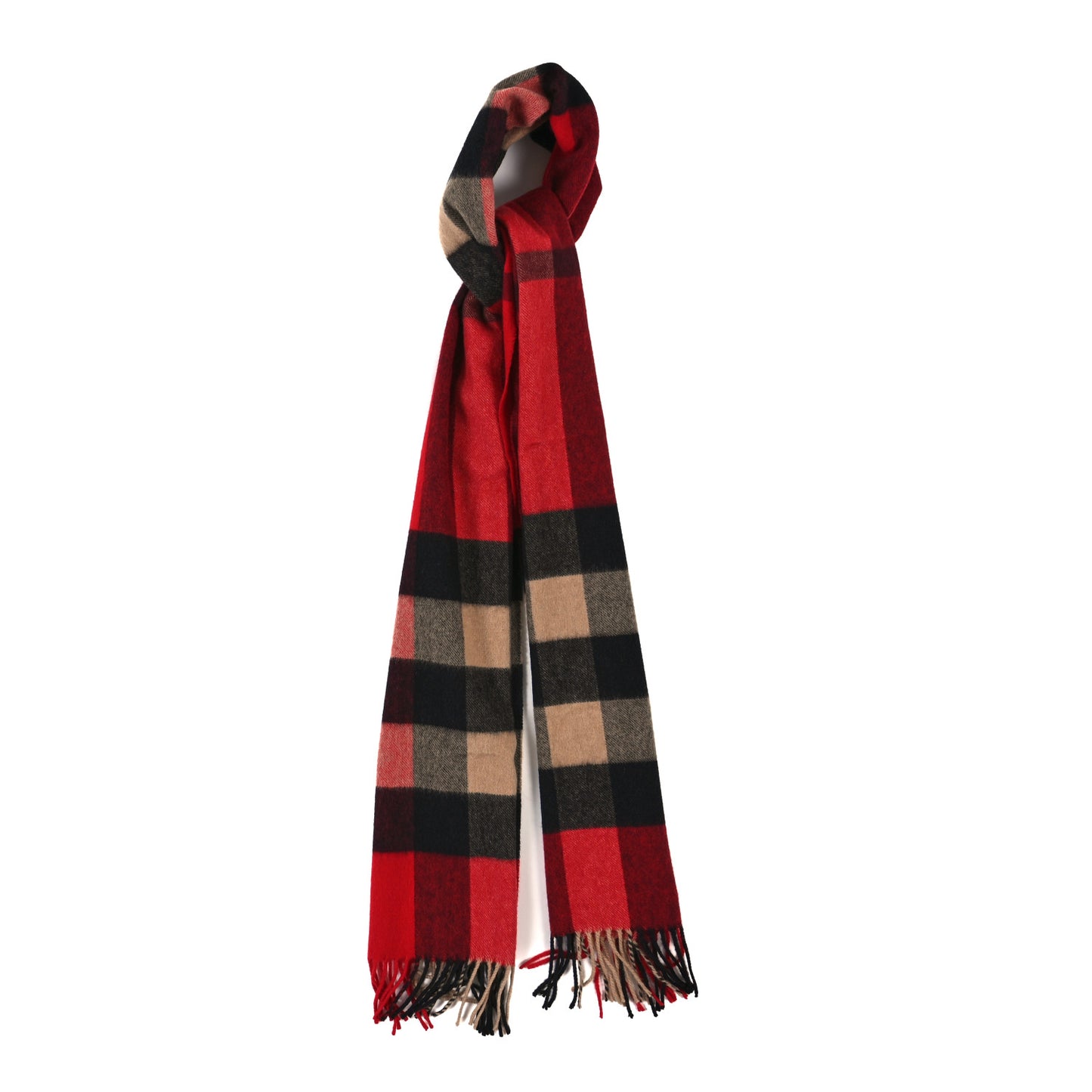 Wool Half Mega Check Fringe Scarf Military Red