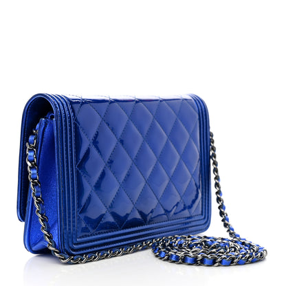 Chanel Metallic Patent Calfskin Quilted Boy Wallet on Chain WOC Blue 3 of 15