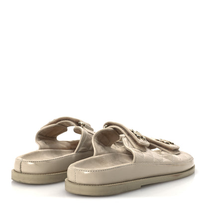 Chanel Shiny Calfskin Quilted Velcro Dad Crystal CC Slide Sandals 39 Beige 4 of 13