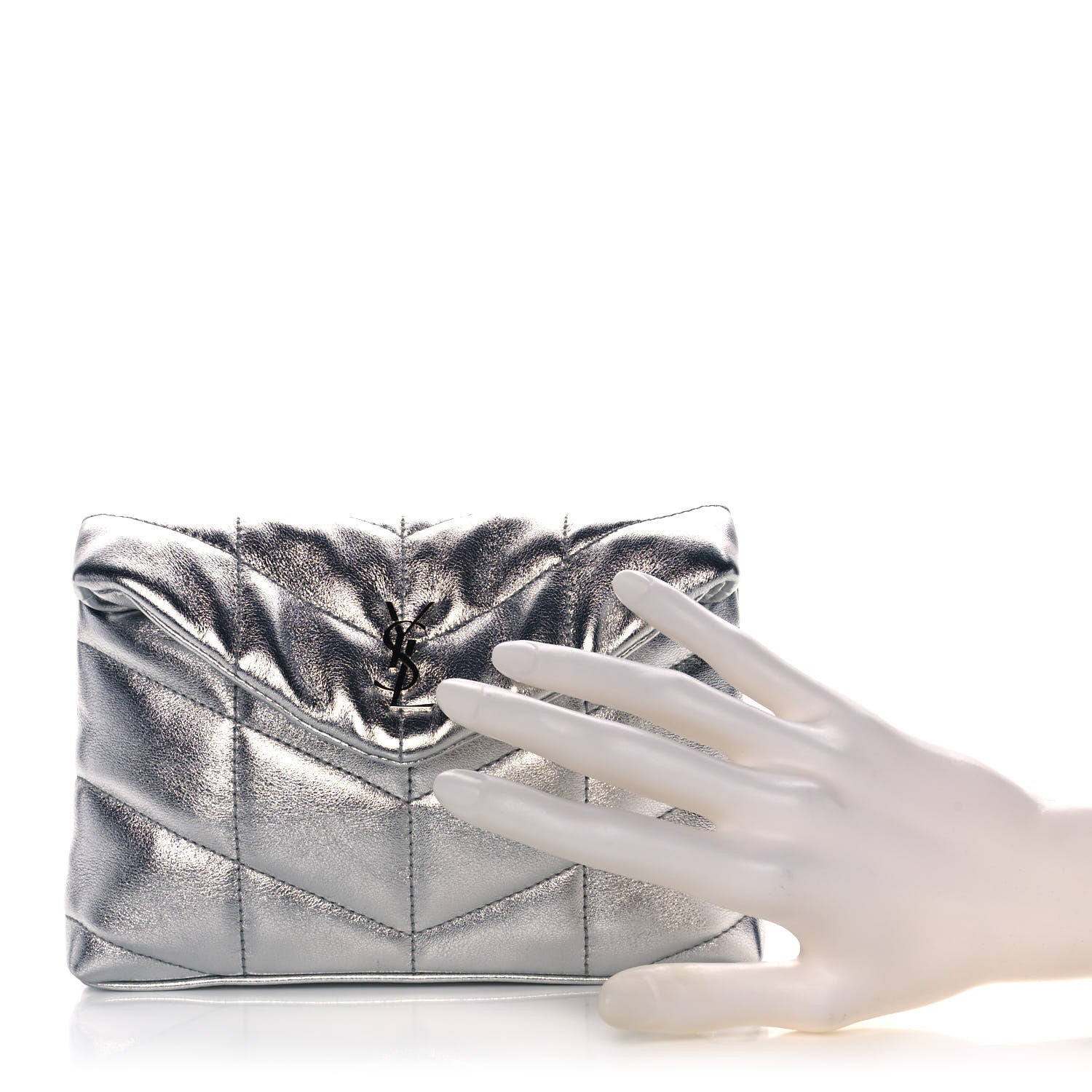 Saint Laurent Metallic Lambskin Monogram Loulou Puffer Pouch Clutch Silver 2 of 10