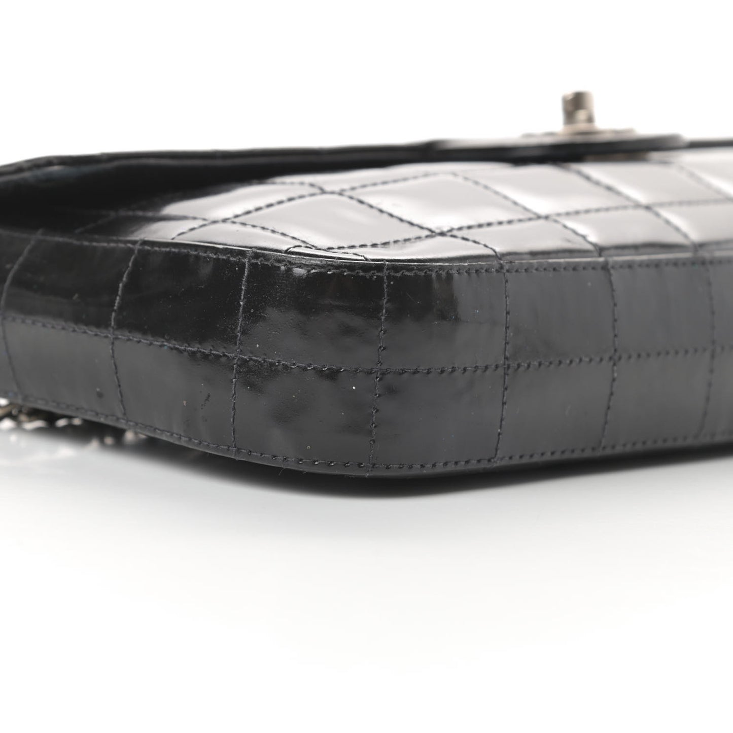 Patent Quilted East West Chocolate Bar Flap Black