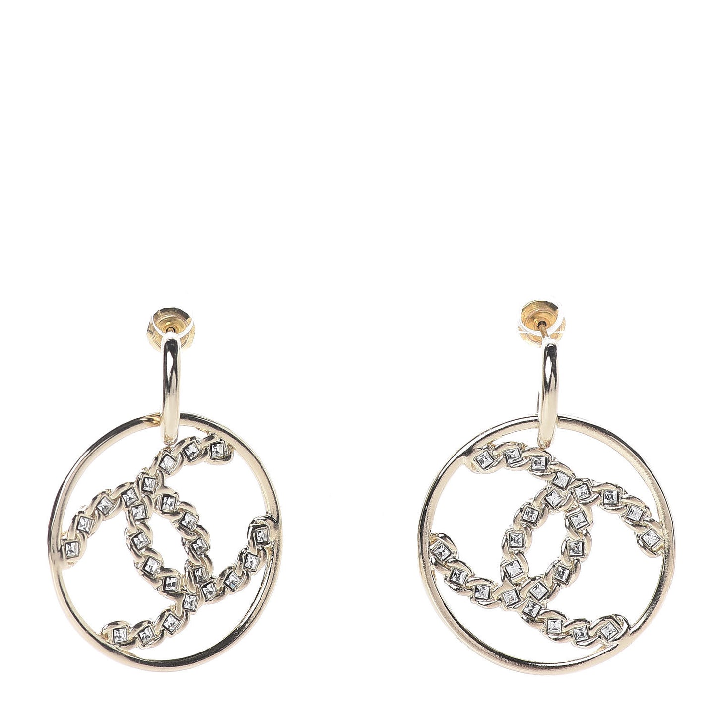 Crystal Chain Strass CC Drop Earrings Gold