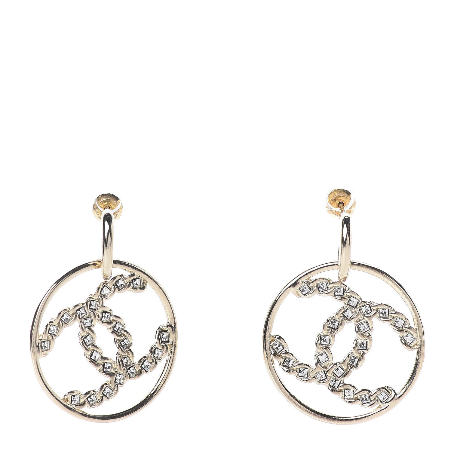 Chanel Crystal Chain Strass CC Drop Earrings Gold 1 of 5