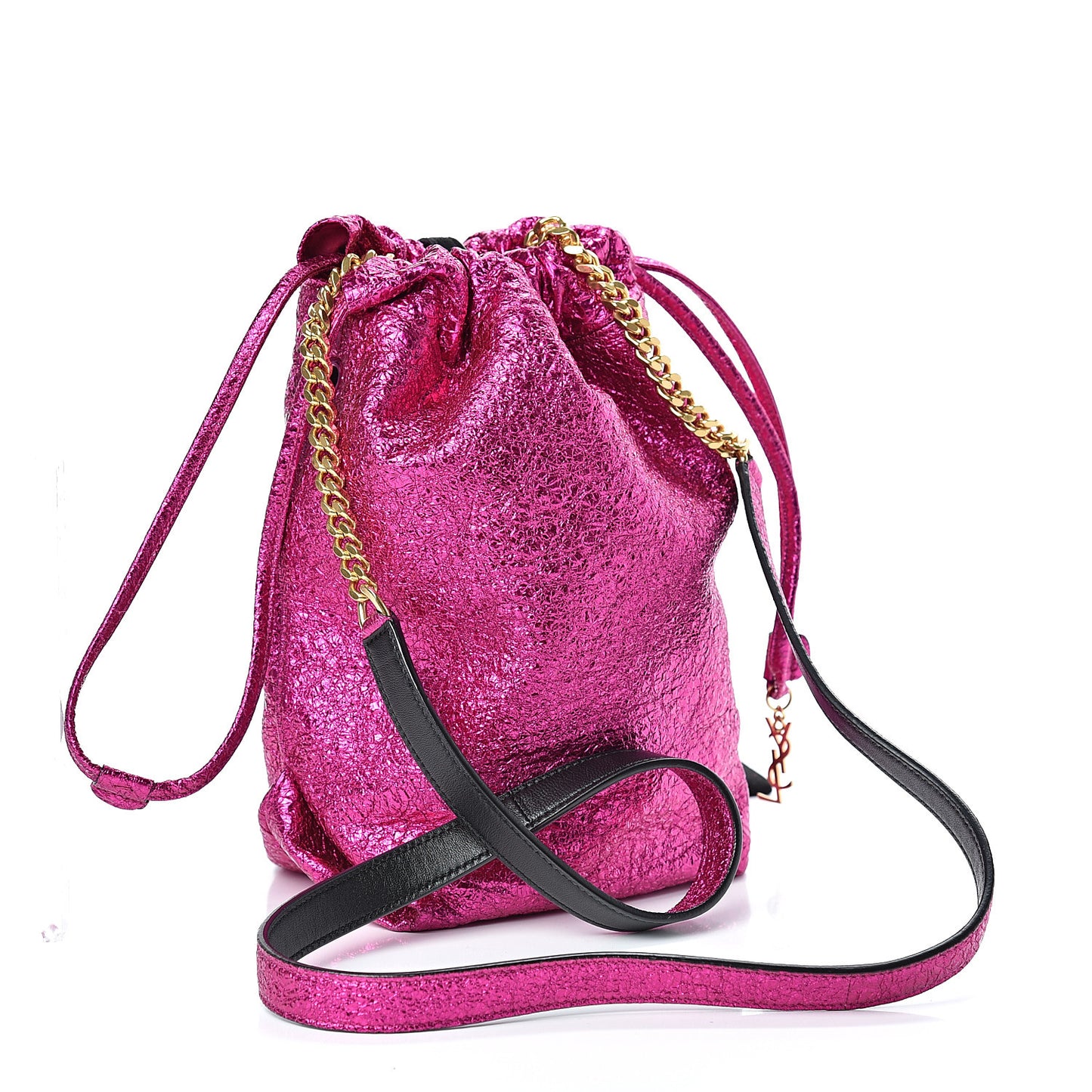Metallic Crackled Calfskin Teddy Drawstring Bag Fuchsia Black