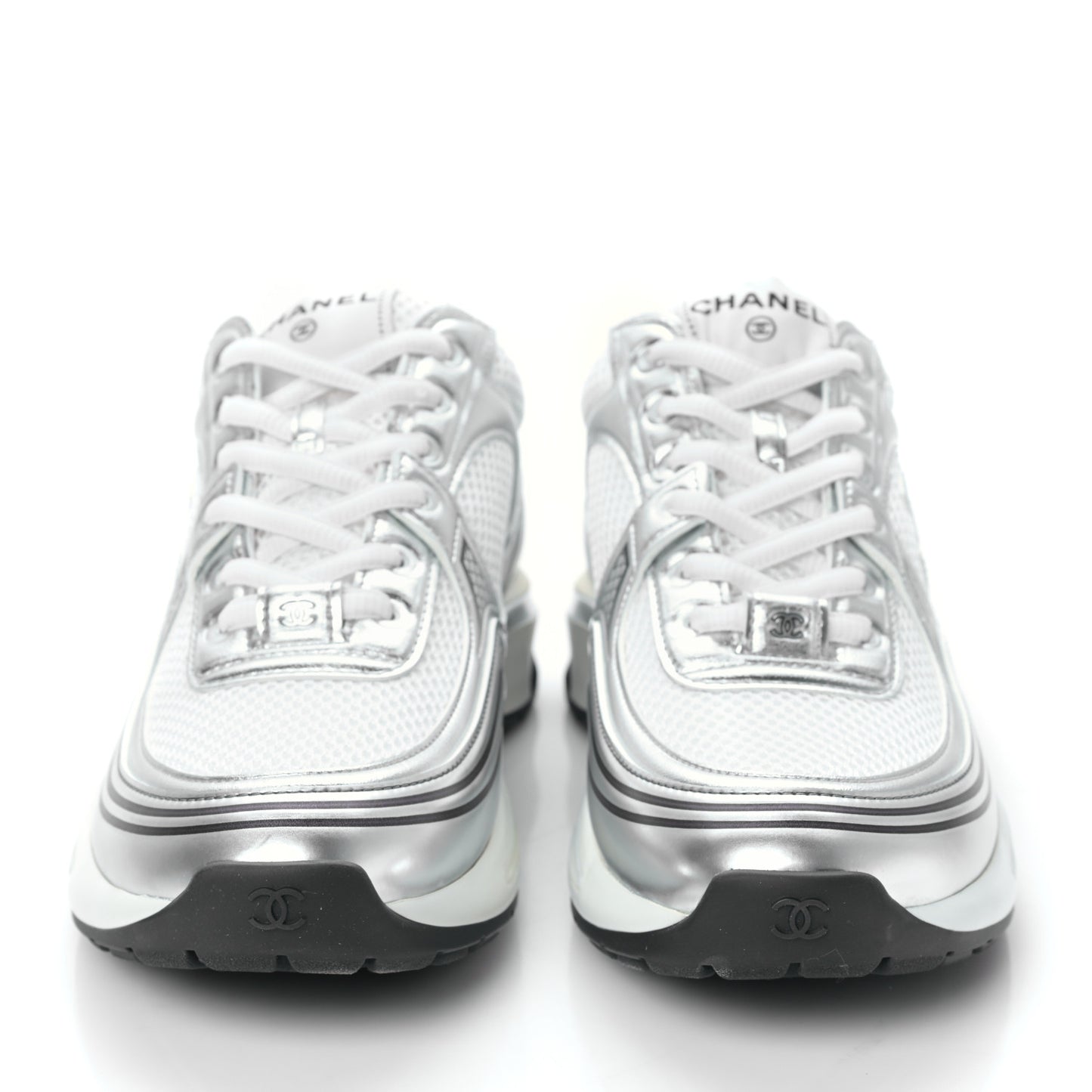 Fabric Laminated Calfskin Stretch CC Womens Sneakers 40 White Silver