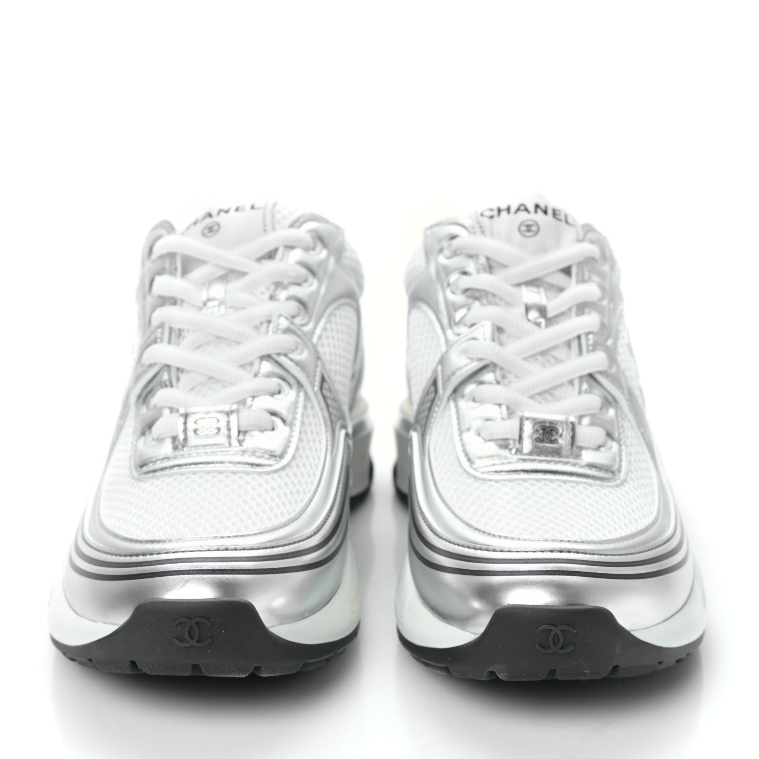Chanel Fabric Laminated Calfskin Stretch CC Womens Sneakers 40 White Silver 2 of 8