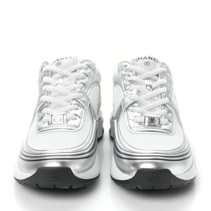 Chanel Fabric Laminated Calfskin Stretch CC Womens Sneakers 40 White Silver 2 of 8