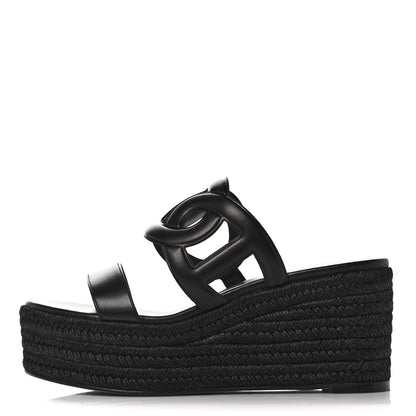 Hermes Nappa Ithea Espadrille Wedge Sandals 39 Black 1 of 9