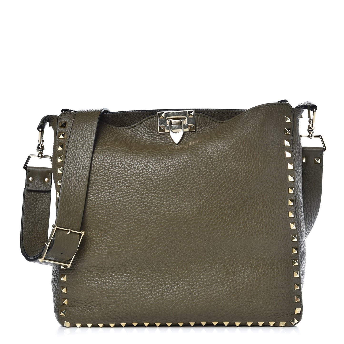 Pebbled Calfskin Large Rockstud Flip-Lock Messenger Bag Army Green