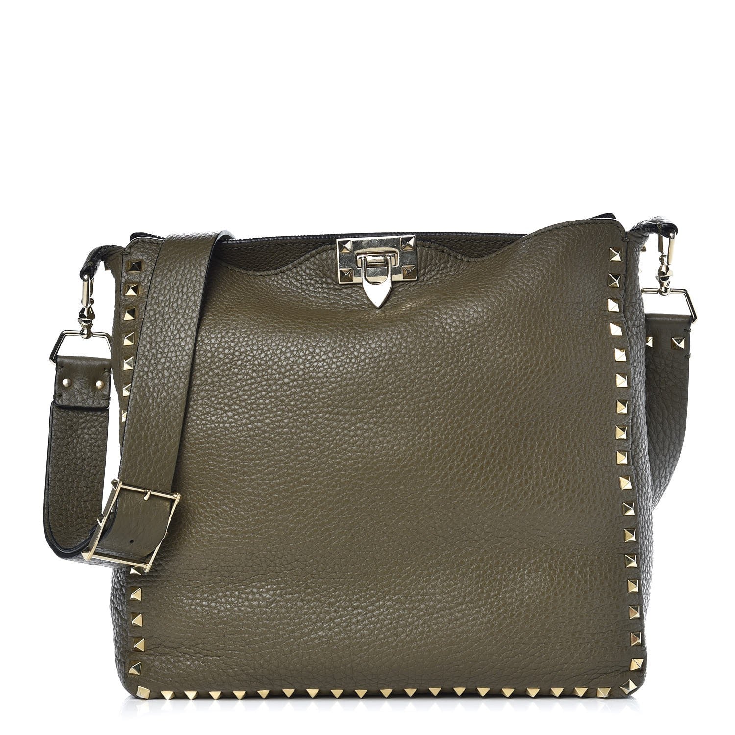 Valentino Garavani Pebbled Calfskin Large Rockstud Flip-Lock Messenger Bag Army Green 1 of 8