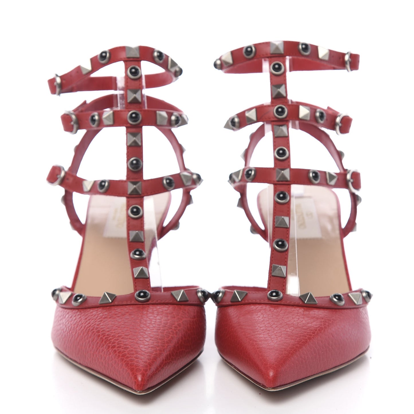 Pebbled Calfskin Onyx Rockstud Rolling Ankle Strap 65mm Pumps 39 Rosso Valentino