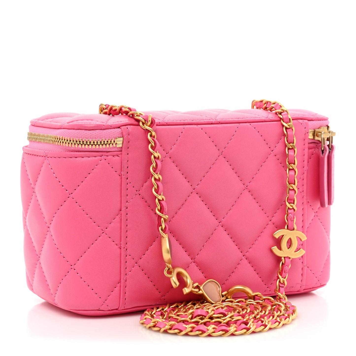 Lambskin Enamel Quilted Small Coco Hearts Vanity Case With Chain Pink