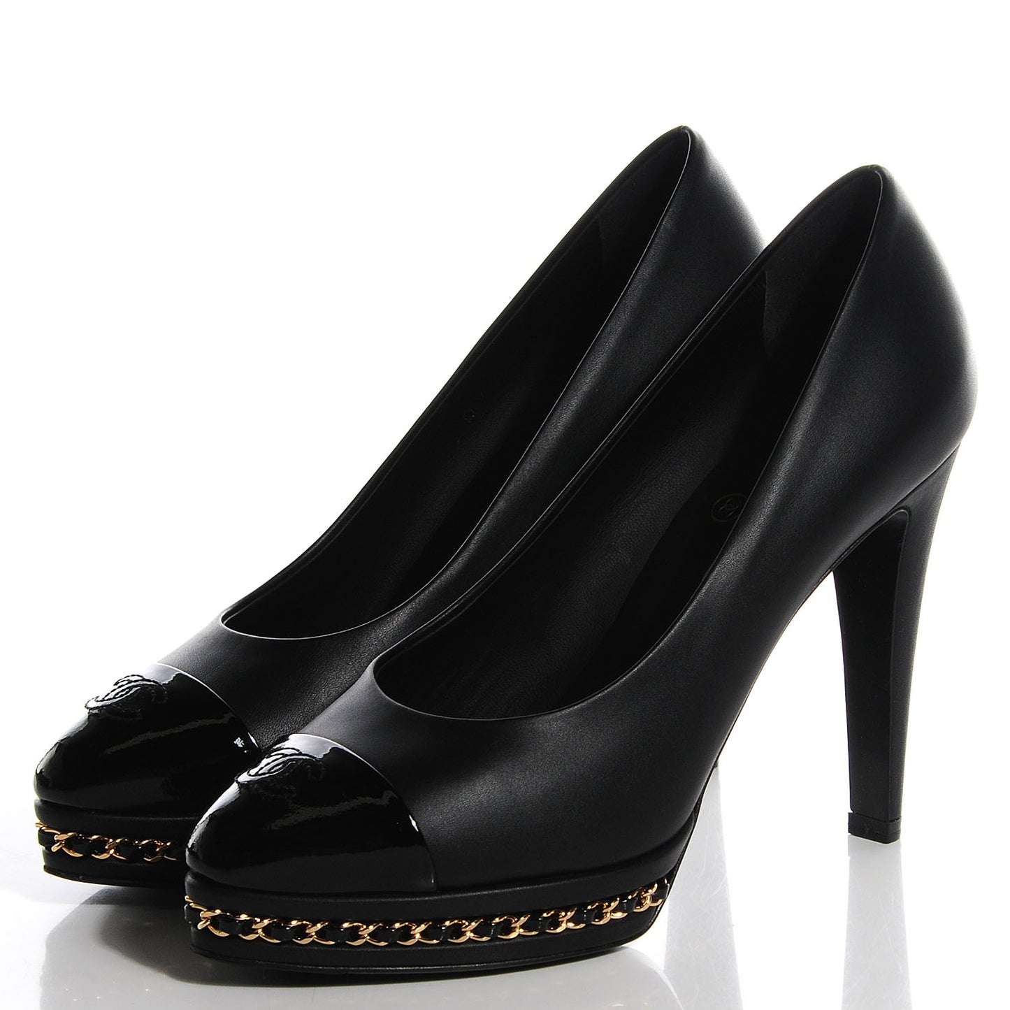 Calfskin Patent Cap Toe Platform Chain Pumps 37 Black