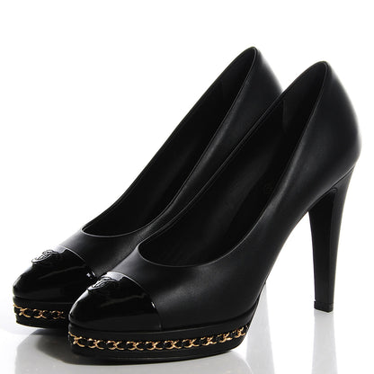 Chanel Calfskin Patent Cap Toe Platform Chain Pumps 37 Black 2 of 7