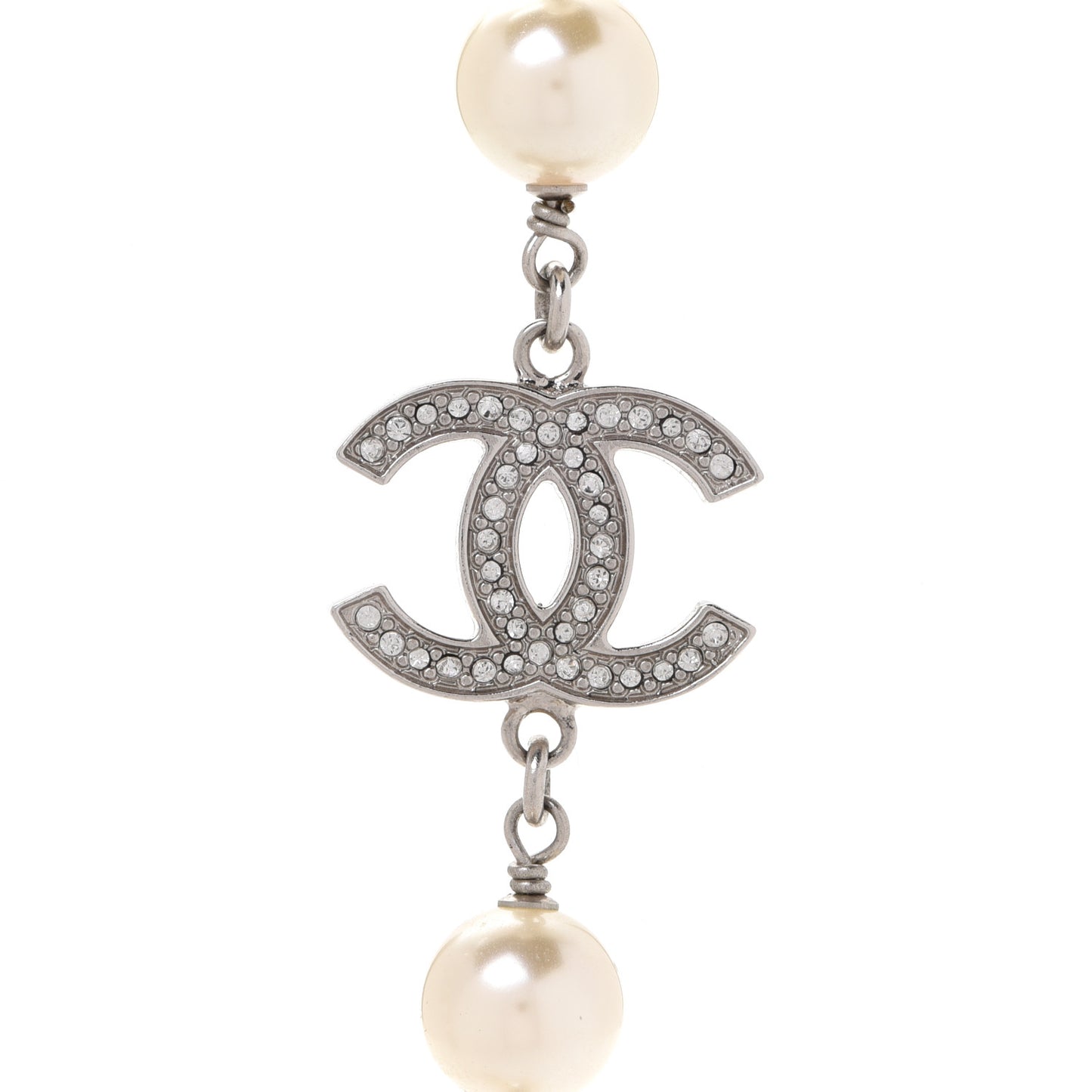Crystal Pearl CC Long Necklace Silver