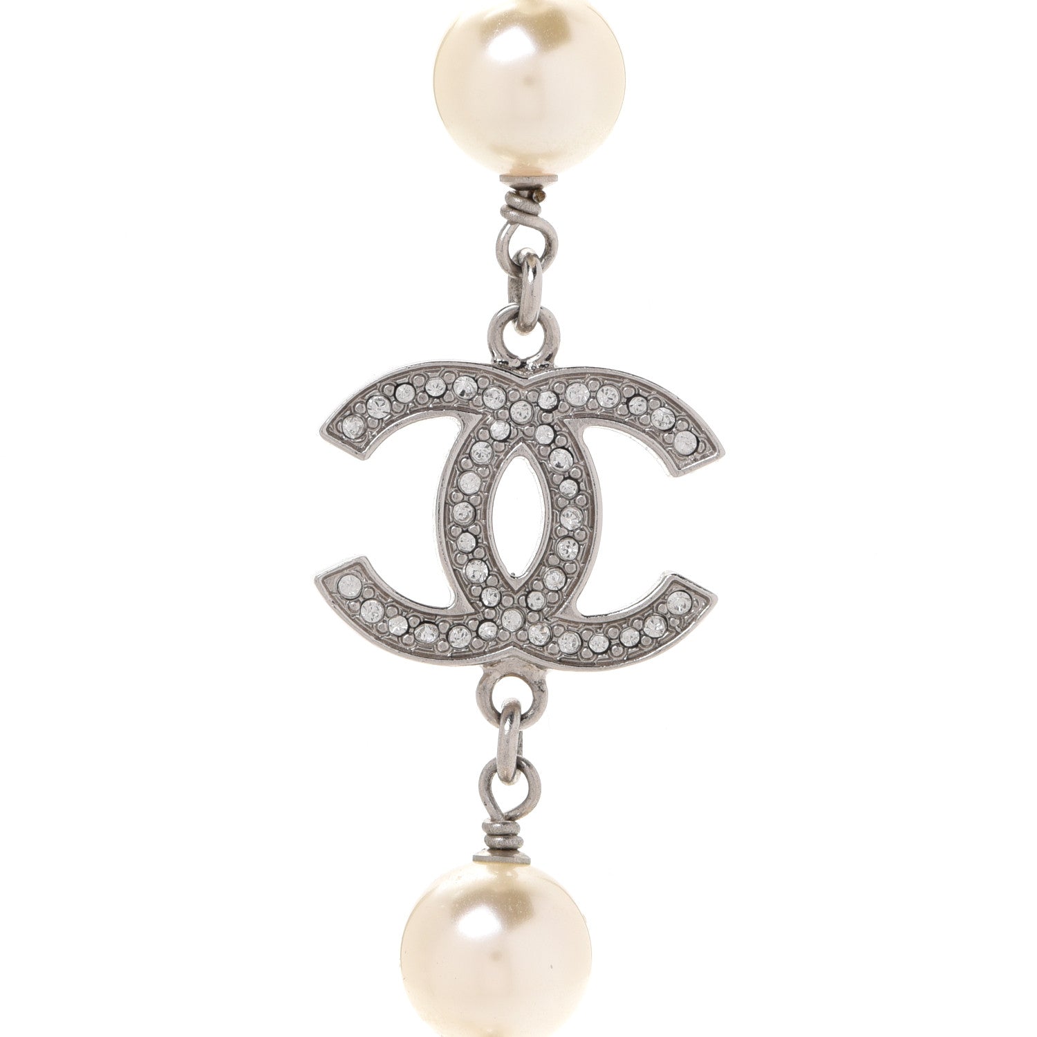 Chanel Crystal Pearl CC Long Necklace Silver 4 of 6