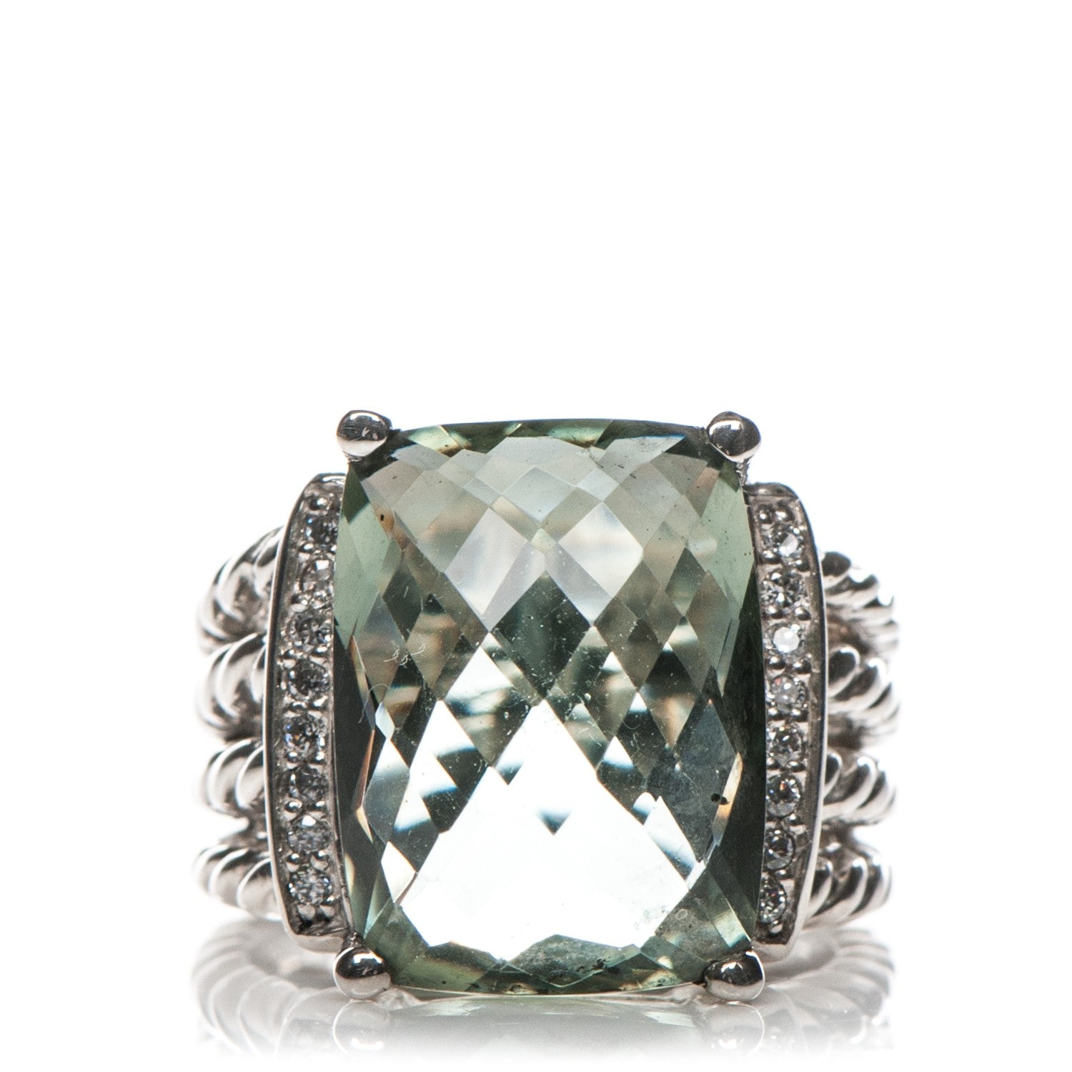 David Yurman Sterling Silver Diamond Prasiolite 16mm Wheaton Ring 51 5.75 1 of 5