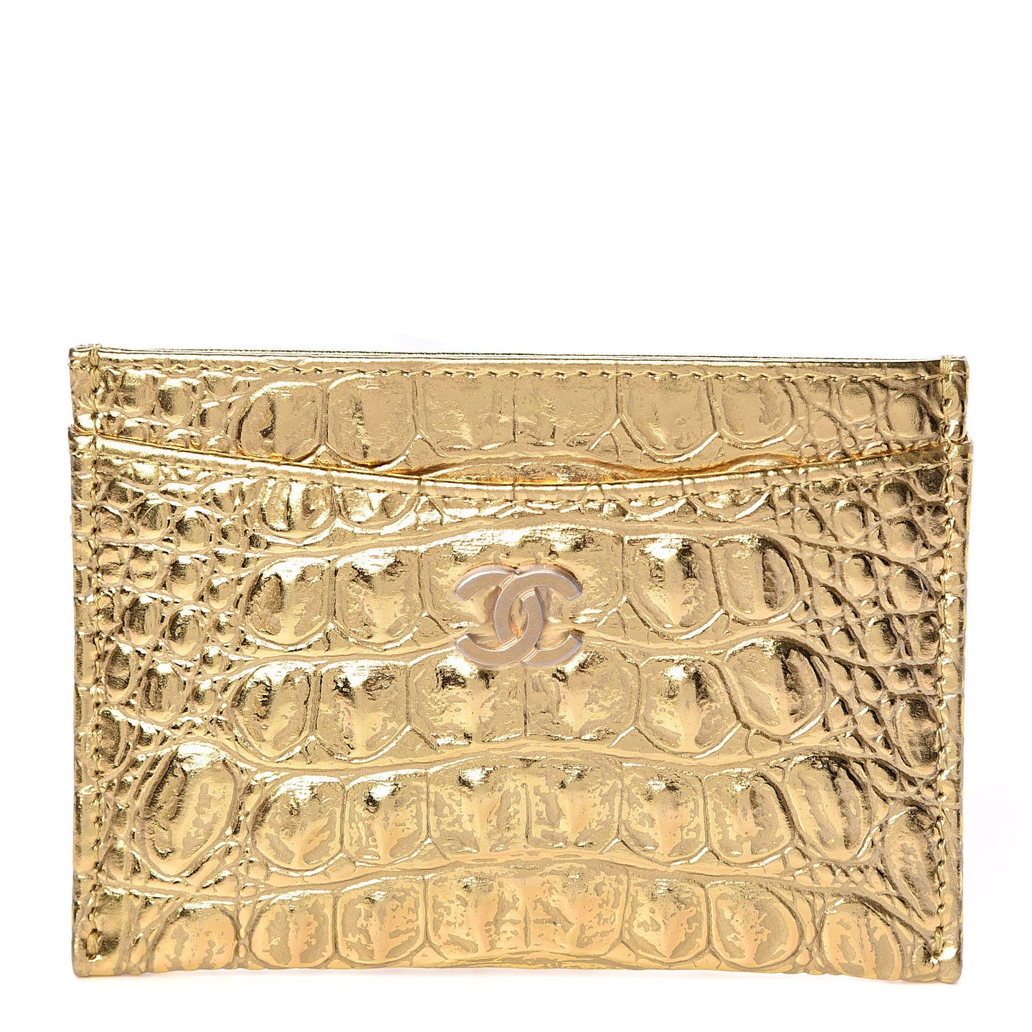 Metallic Calfskin Crocodile Embossed Cocodile Card Holder Gold