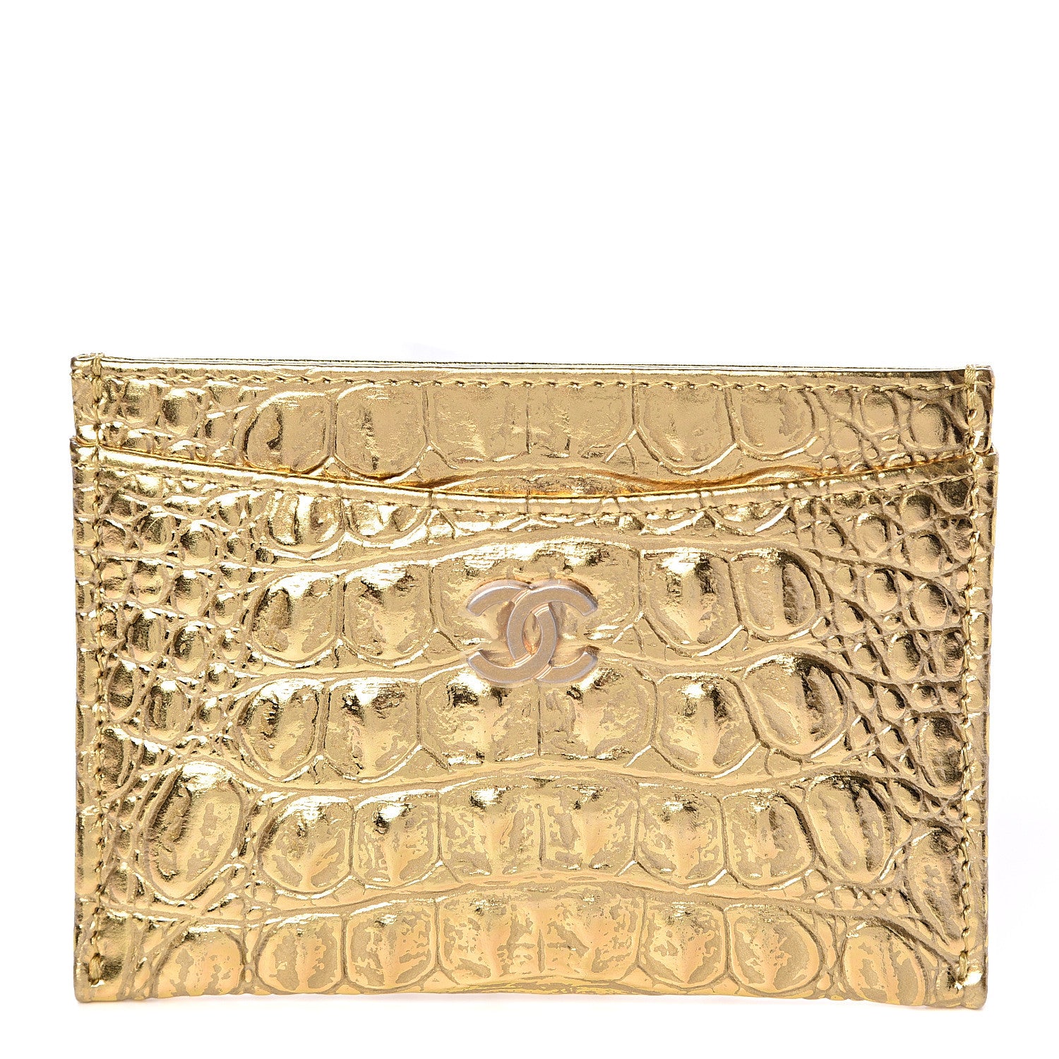 Chanel Metallic Calfskin Crocodile Embossed Cocodile Card Holder Gold 1 of 9